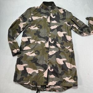 H&M Divided Jacket Women's US 8 Medium Camo‎ Green Pink Long Parka Coat Cotton